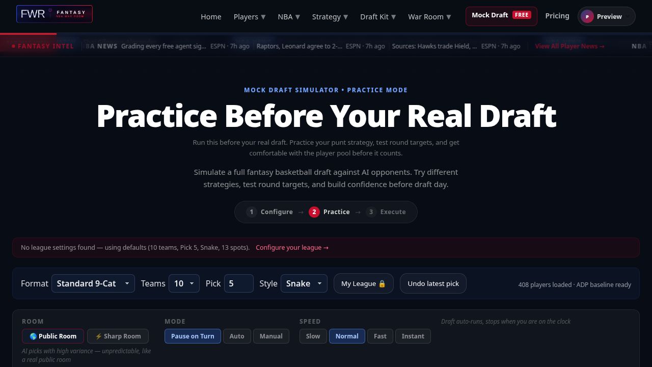 Fan War Room current mock draft interface